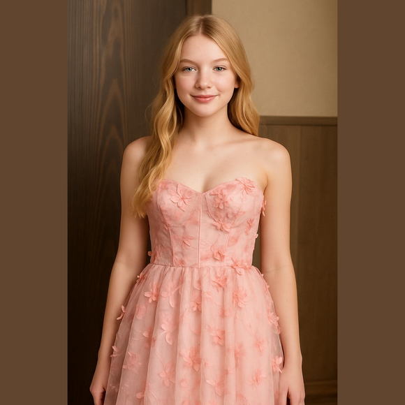 Elegant Pink Floral Strapless, Back Lace-up Gown with Floral Appliqués  SIZE XL - Picture 2 of 13